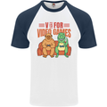 Video Games T-Rex Funny Bigfoot Dinosaur Mens S/S Baseball T-Shirt White/Navy Blue