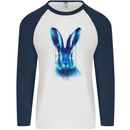 Rabbit Watercolour Mens L/S Baseball T-Shirt White/Navy Blue