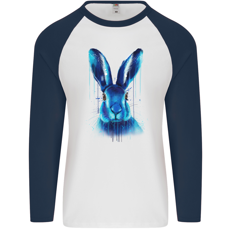 Rabbit Watercolour Mens L/S Baseball T-Shirt White/Navy Blue