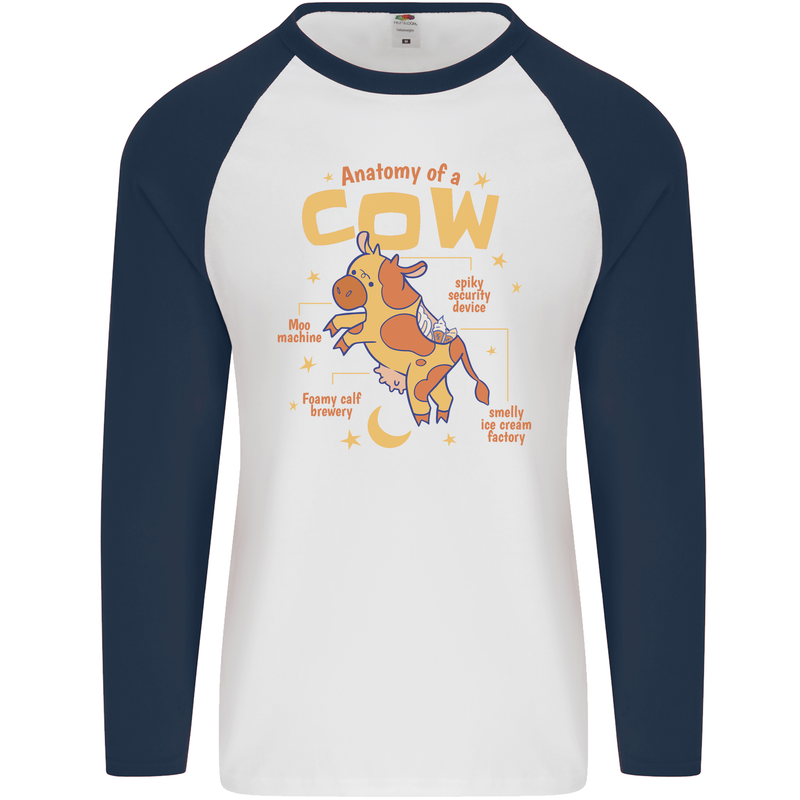 Anatomy of a Cow Funny Mens L/S Baseball T-Shirt White/Navy Blue