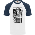 Electric Guitar Mona Lisa Rock Music Player Mens S/S Baseball T-Shirt White/Navy Blue