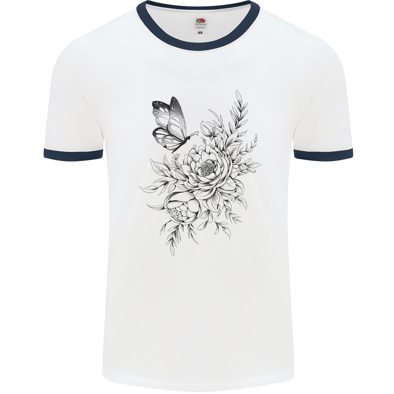 Butterfly & Flowers Mens Ringer T-Shirt White/Navy Blue