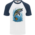 Jumping Pike Fish Fishing Fisherman Mens S/S Baseball T-Shirt White/Navy Blue