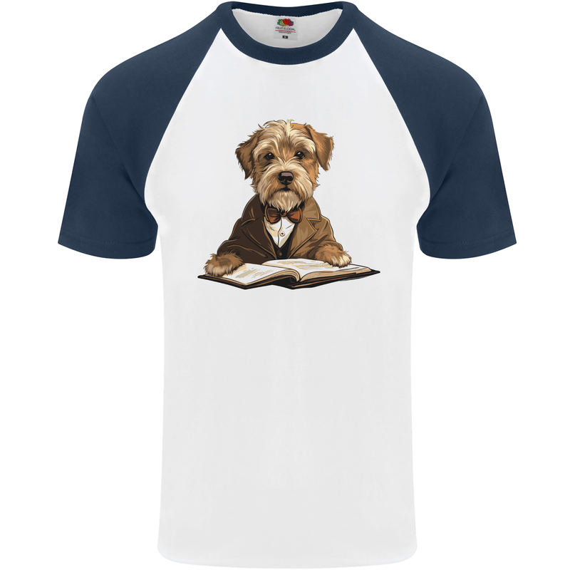 A Dog Reading a Book Mens S/S Baseball T-Shirt White/Navy Blue