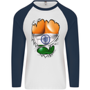 Gym The Indian Flag Ripped Muscles India Mens L/S Baseball T-Shirt White/Navy Blue
