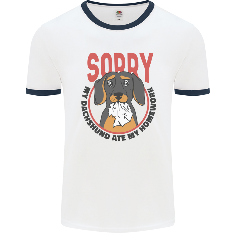 My Dachshund Ate My Homework Funny Dog Mens Ringer T-Shirt White/Navy Blue