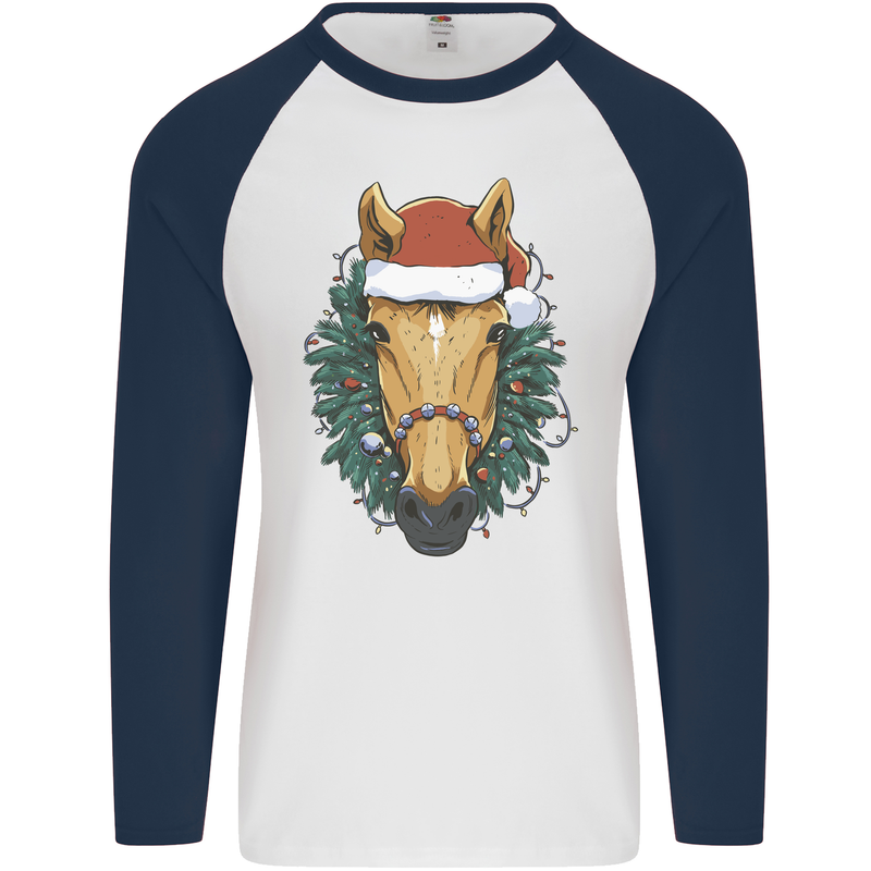 A Christmas Horse Equestrian Mens L/S Baseball T-Shirt White/Navy Blue