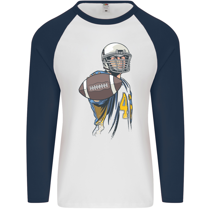 American Football Player Holding a Ball Mens L/S Baseball T-Shirt White/Navy Blue