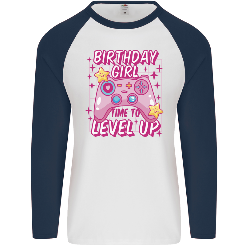 Birthday Girl Level Up Gaming Gamer 6th 7th 8th Mens L/S Baseball T-Shirt White/Navy Blue