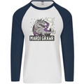 Funny T-Rex Mardi Gras Grawr Dinosaur Mens L/S Baseball T-Shirt White/Navy Blue