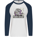 Funny T-Rex Mardi Gras Grawr Dinosaur Mens L/S Baseball T-Shirt White/Navy Blue