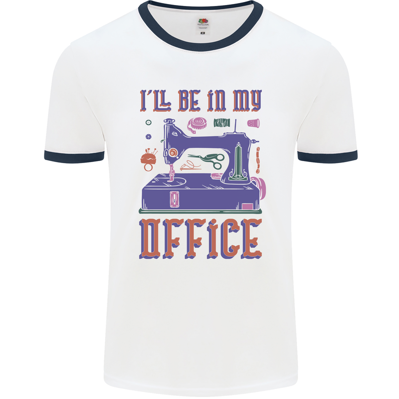 Funny Sewing Machine Seamstress Tailor Mens Ringer T-Shirt White/Navy Blue