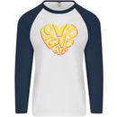 Love Word Art Heart Shape Anti-War Hippy Mens L/S Baseball T-Shirt White/Navy Blue