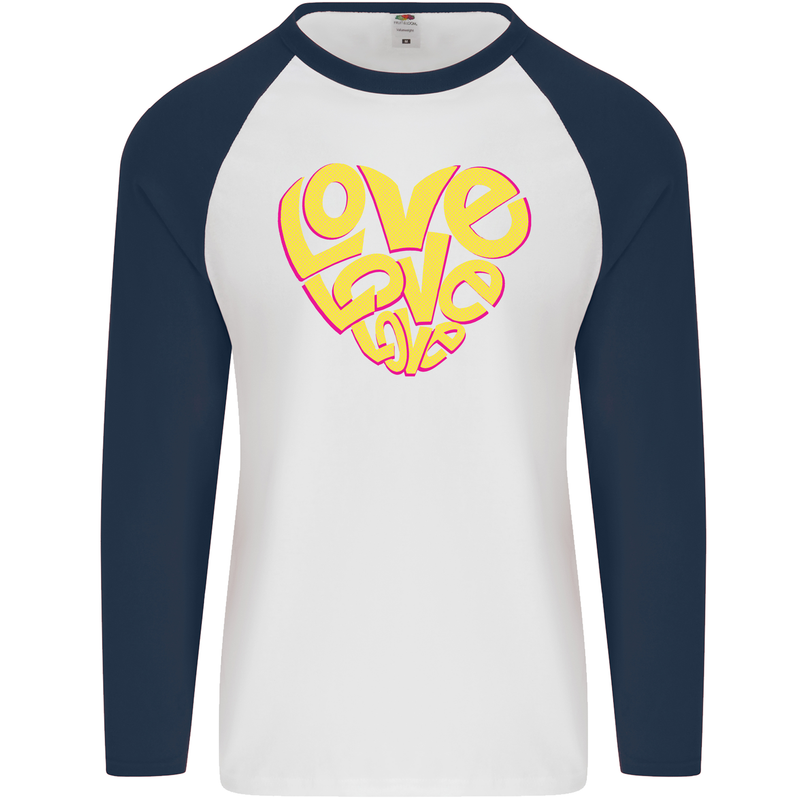 Love Word Art Heart Shape Anti-War Hippy Mens L/S Baseball T-Shirt White/Navy Blue
