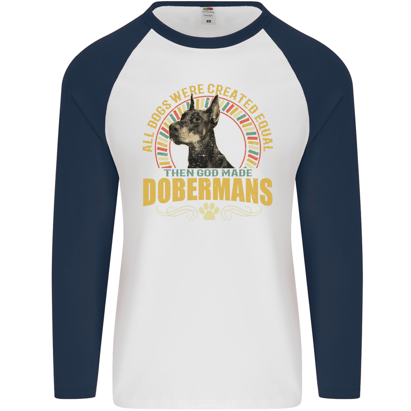A Dobermans Dog Mens L/S Baseball T-Shirt White/Navy Blue
