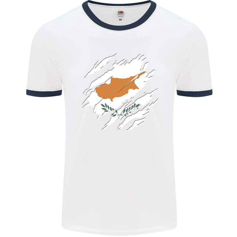 Torn Cyprus Flag Cypriot Day Football Mens Ringer T-Shirt White/Navy Blue