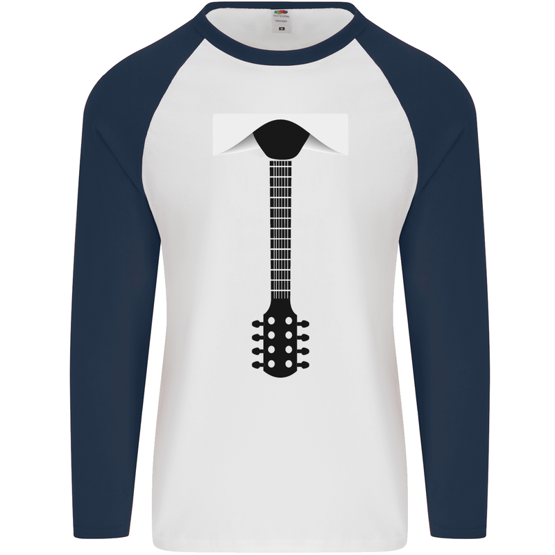 Guitar Tie Guitarist Bass Acoustic Funny Mens L/S Baseball T-Shirt White/Navy Blue