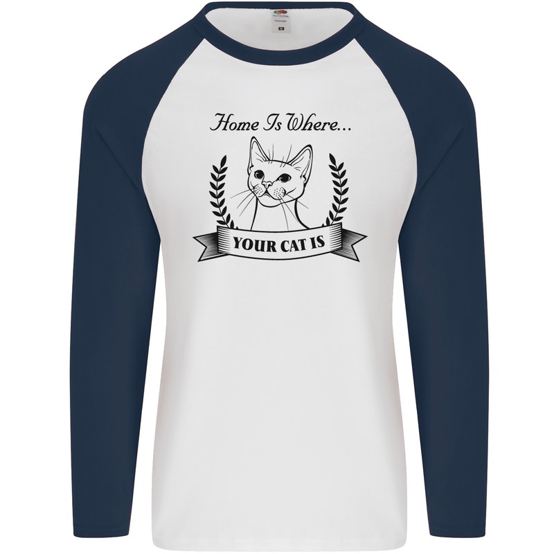 Home Is Where Your Cat Is Funny Kitten Mens L/S Baseball T-Shirt White/Navy Blue