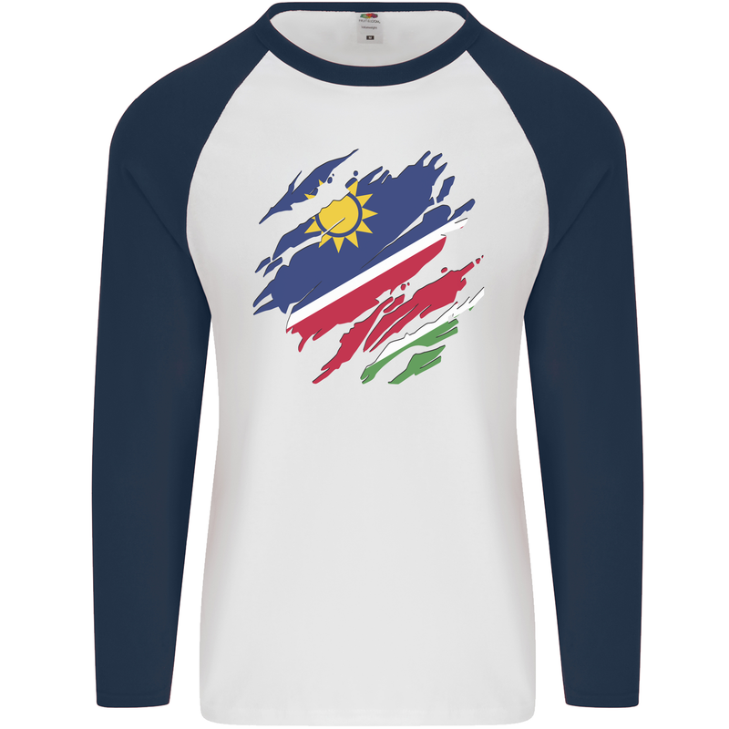 Torn Namibia Flag Namibian Day Football Mens L/S Baseball T-Shirt White/Navy Blue