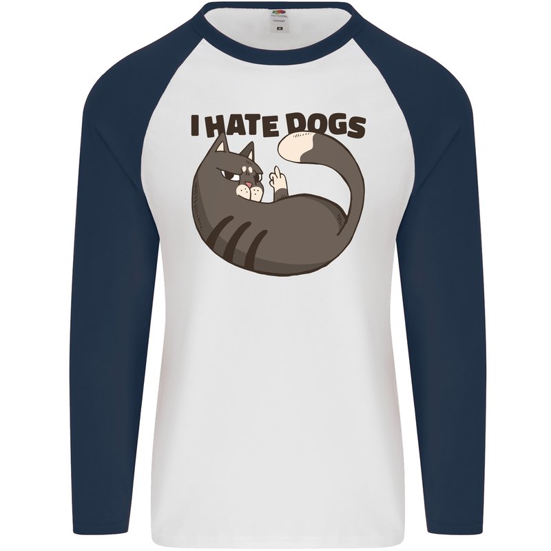 I Hate Dogs Funny Cat Lover Mens L/S Baseball T-Shirt White/Navy Blue