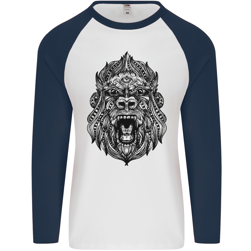 Mandala Art Ape Mens L/S Baseball T-Shirt White/Navy Blue