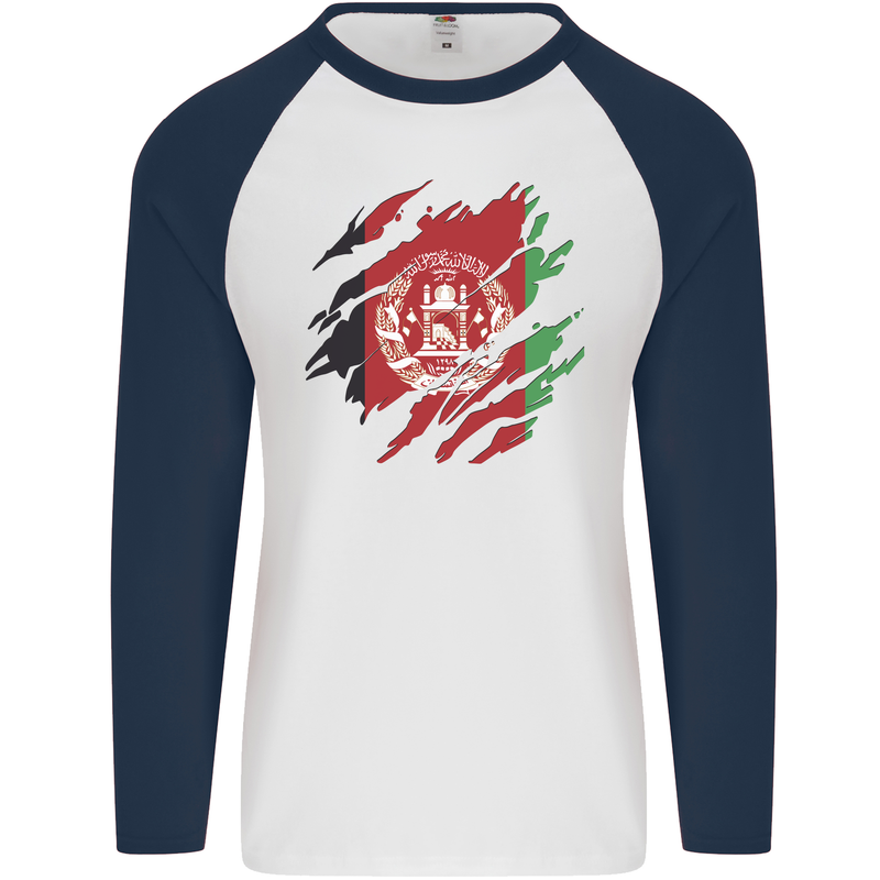 Torn Afghanistan Flag Afghan Day Football Mens L/S Baseball T-Shirt White/Navy Blue