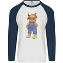 An Infant Highland Cow Cattle Bull Mens L/S Baseball T-Shirt White/Navy Blue