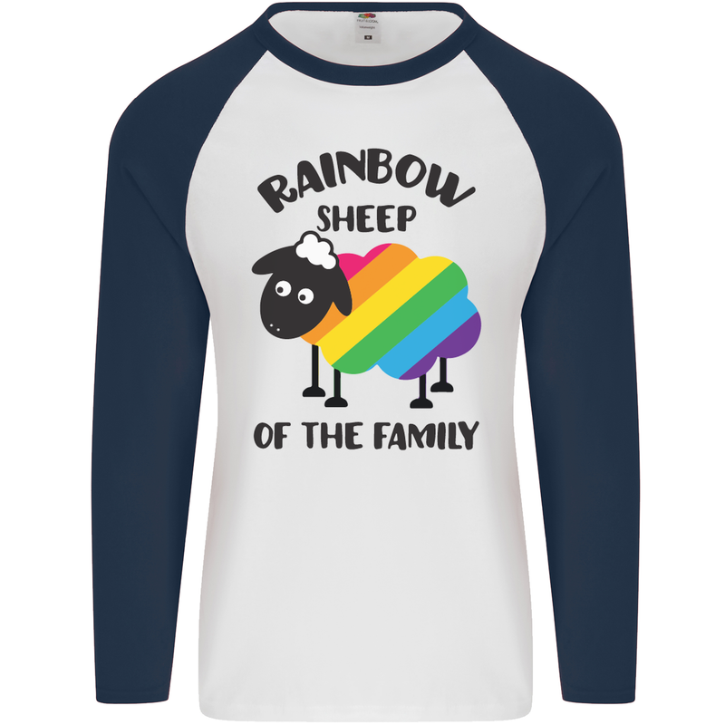 Rainbow Sheep Funny LGBT Gay Pride Day Mens L/S Baseball T-Shirt White/Navy Blue