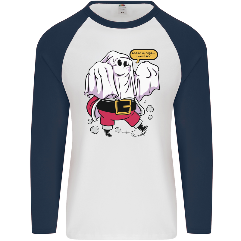 Funny Santa Ghost Christmas Halloween Mens L/S Baseball T-Shirt White/Navy Blue