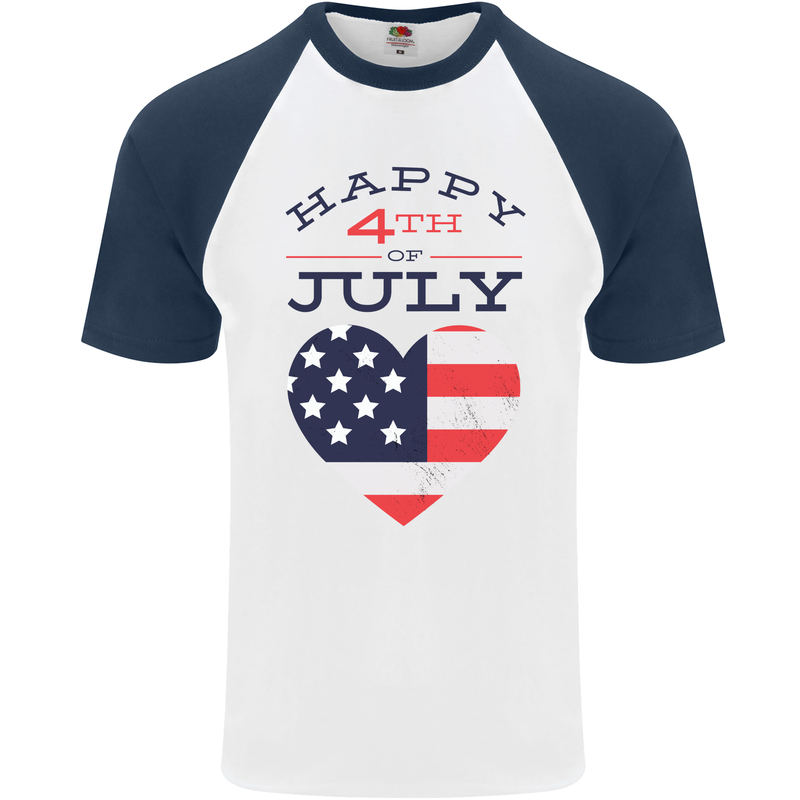 Independence Day Happy 4th of July Mens S/S Baseball T-Shirt White/Navy Blue