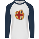 Union Jack Flag Fire Effect Great Britain Mens L/S Baseball T-Shirt White/Navy Blue