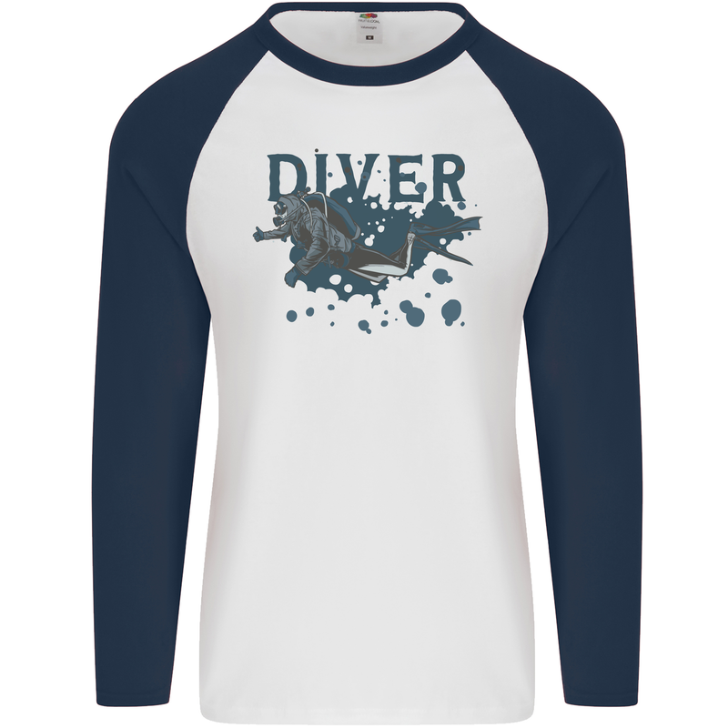 Scuba Diving Diver Mens L/S Baseball T-Shirt White/Navy Blue