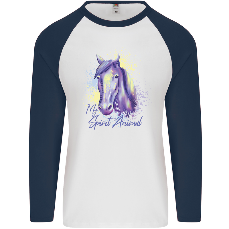 Horse Is My Spiritual Animal Equestrian Mens L/S Baseball T-Shirt White/Navy Blue