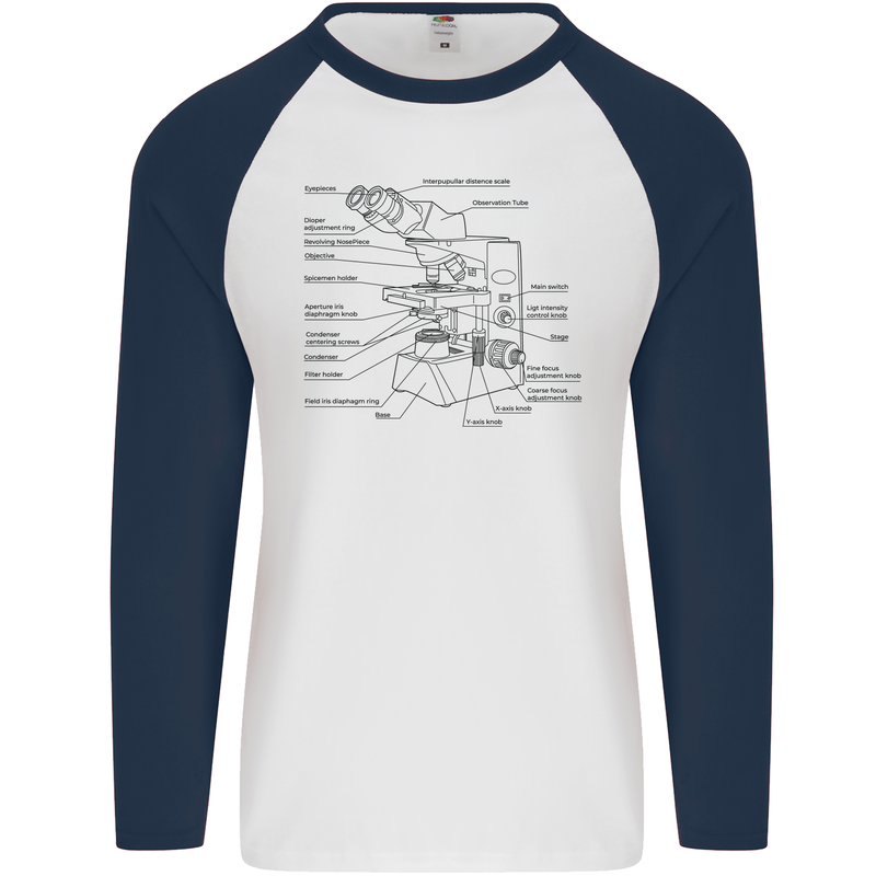 Microscope Biology Science Mens L/S Baseball T-Shirt White/Navy Blue