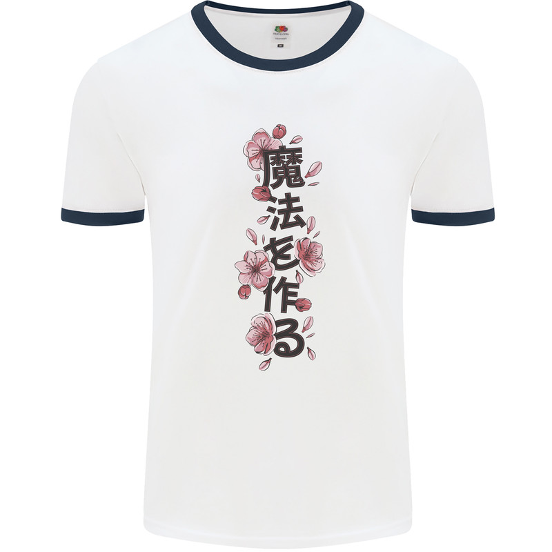 Japanese Flowers Quote Japan Mens Ringer T-Shirt White/Navy Blue