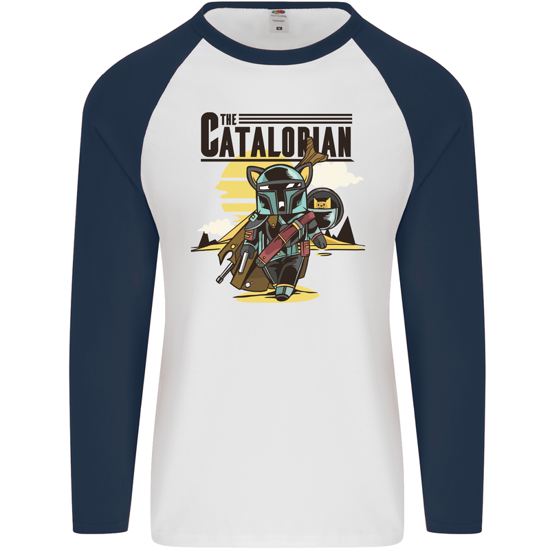 Catalorian Funny Cat Parody Mens L/S Baseball T-Shirt White/Navy Blue