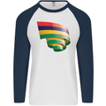 Curled Mauritius Flag Mauritians Day Football Mens L/S Baseball T-Shirt White/Navy Blue