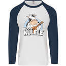 Mookulele Funny Cow Playing Ukulele Guitar Mens L/S Baseball T-Shirt White/Navy Blue