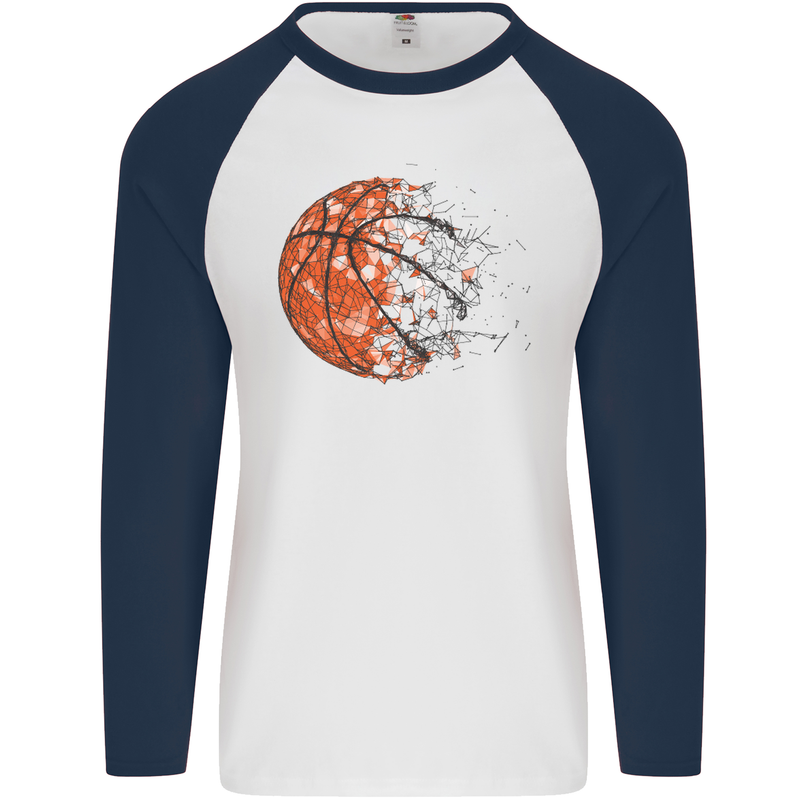 Abstract Basketball Mens L/S Baseball T-Shirt White/Navy Blue