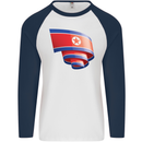 Curled North Korea Flag Korean Day Football Mens L/S Baseball T-Shirt White/Navy Blue