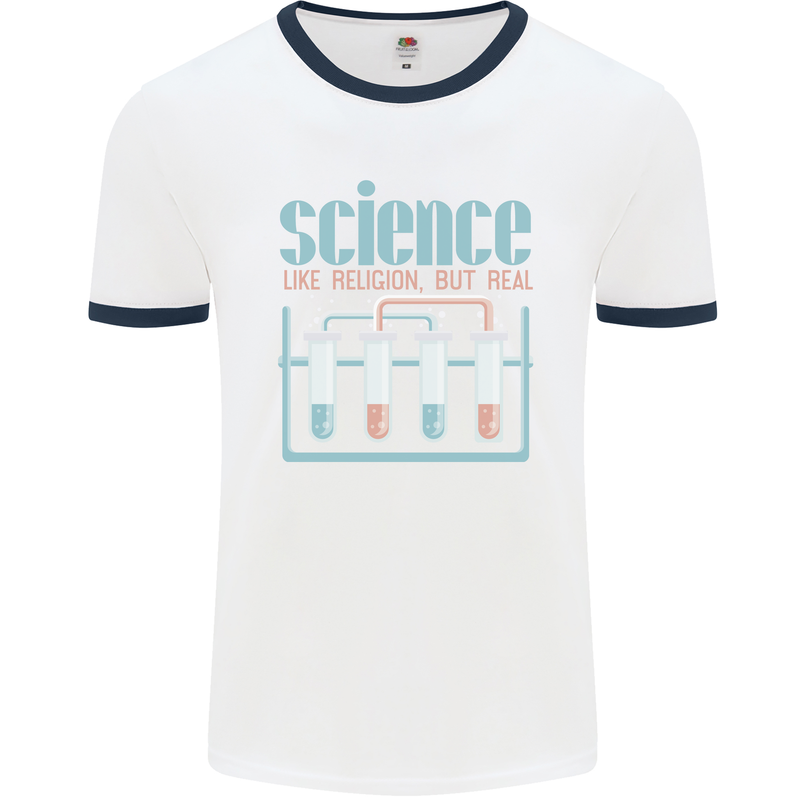 Science Like Religion Atheist Atheism Evolution Mens Ringer T-Shirt White/Navy Blue