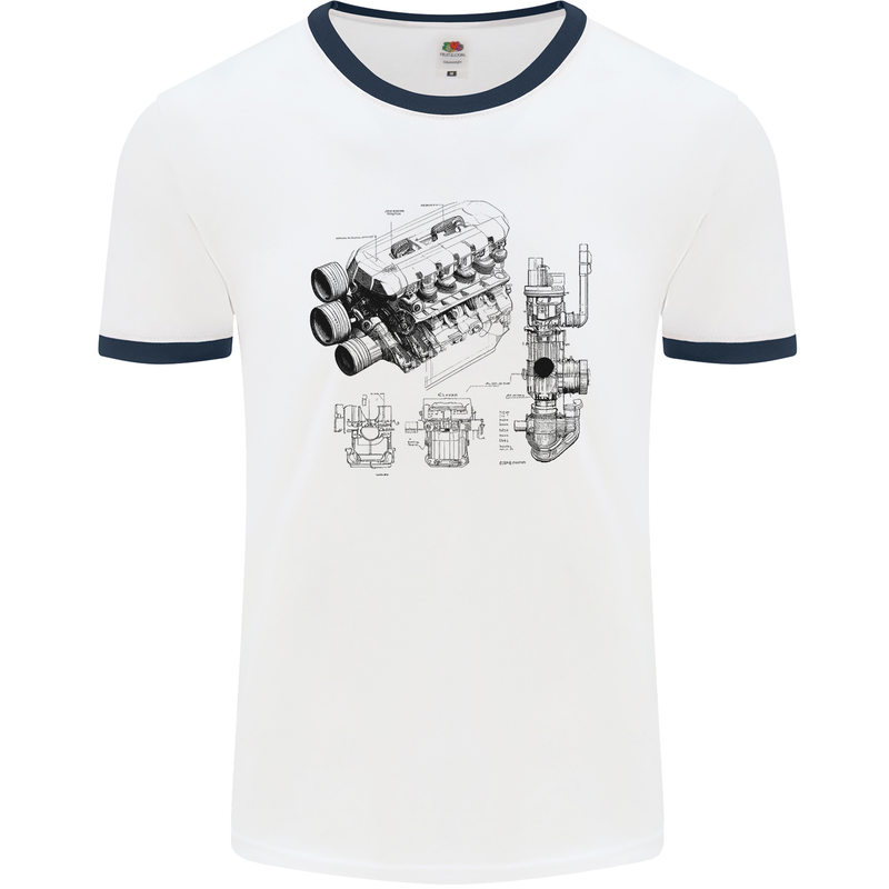 Car Engine Blueprints Petrolhead Mens Ringer T-Shirt White/Navy Blue