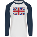 Mosaic Union Jack Flag Great Britain UK Mens L/S Baseball T-Shirt White/Navy Blue