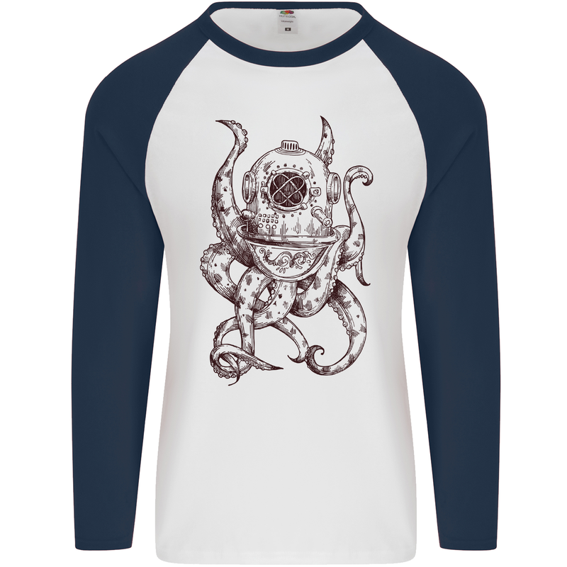 Steampunk Octopus Kraken Cthulhu Mens L/S Baseball T-Shirt White/Navy Blue