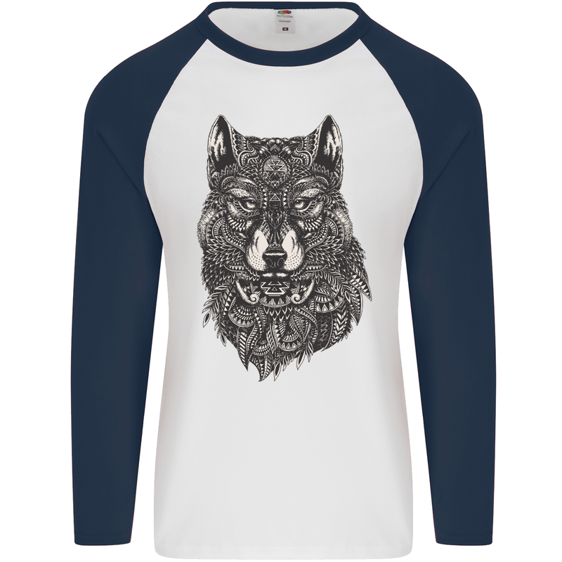 Abstract Dog Mandala Art Mens L/S Baseball T-Shirt White/Navy Blue