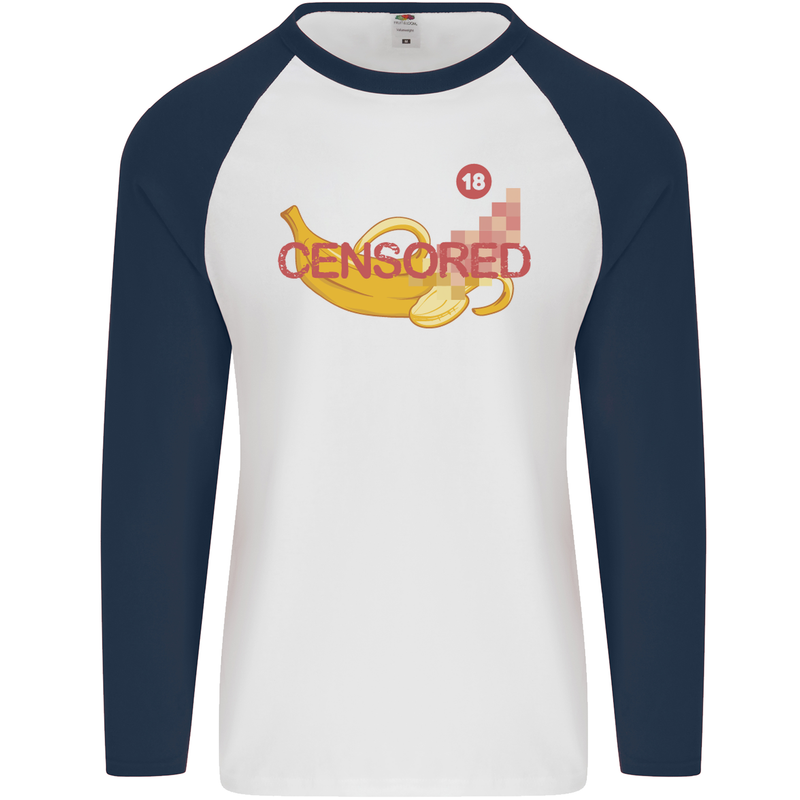 Censored Banana Funny Rude Sexy Mens L/S Baseball T-Shirt White/Navy Blue