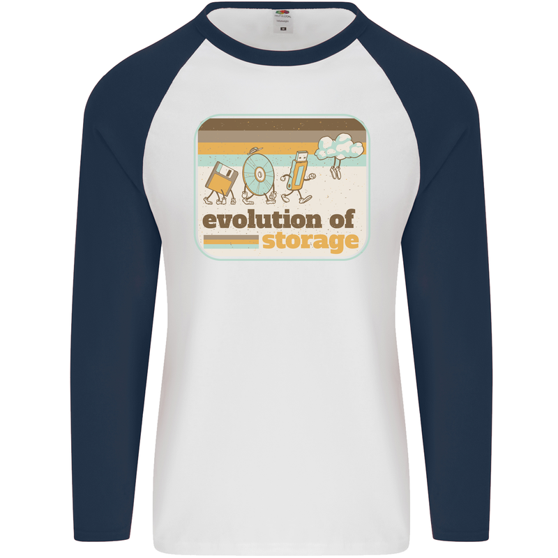 Storage Evolution Retro CD HD Drive USB Stick Mens L/S Baseball T-Shirt White/Navy Blue