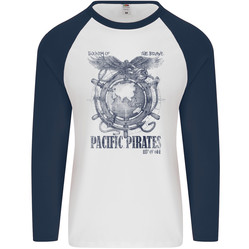 Pacific Pirates Sailing Sailor Boat Mens L/S Baseball T-Shirt White/Navy Blue