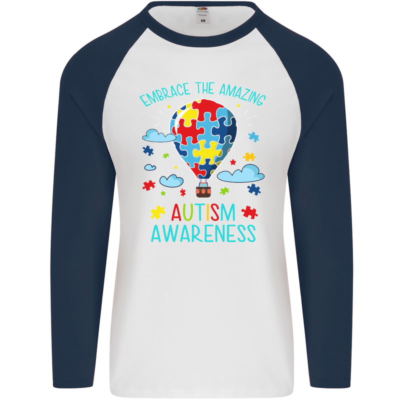 Autism Awareness Embrace Amazing Autistic Mens L/S Baseball T-Shirt White/Navy Blue