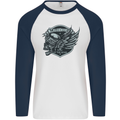 King of the Road Motorcycle Skull Biker Mens L/S Baseball T-Shirt White/Navy Blue